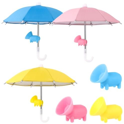 Lasuroa 3pcs Phone Umbrella, 10.23x8.66in Cell Phone Sunshade, Multifunctional Umbrella with Pig Style Suction Cup, Blue, Yellow & Pink, Polyester & Silicone