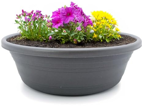 Pot de fleurs et soucoupe résistant aux intempéries avec trou - Grand pot de fleurs de 45 cm - Gris - Pot de fleurs rond - Résistant au gel pour l'extérieur - Pot de fleurs pour tombe