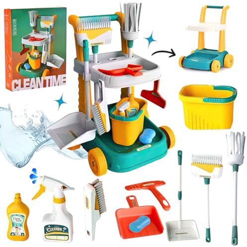 Koolbitz 11PC Kids Cleaning Set Toy - Complete Pretend Play Housekeeping Brush Set with Broom, Dustpan, Mop With Rolling Trolley - Encourage Responsibility and Imaginative Role Play for Little Helpers