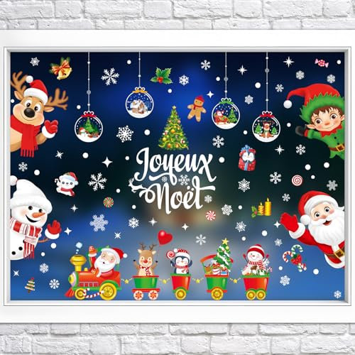 10feuilles Décoration Fenêtre Autocollant Stickers Vitre Joyeux Noël Bonhomme de Neige Père Noël Renne Sapin Gommette Amovibles Reutilisable Double Face DIY Décor pour Vitrines Magasin