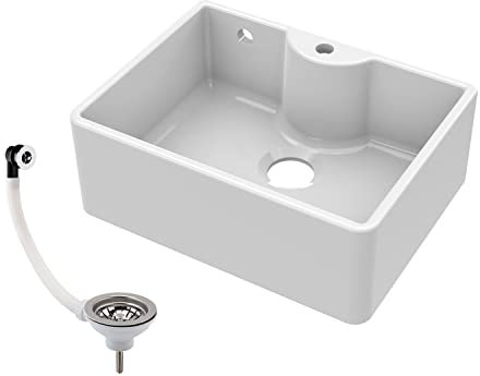 Balterley 595mm Butler White Kitchen Sink, Single Bowl with Tap Ledge, Tap Hole & Waste with Overflow, Durable Butler Fireclay Ceramic Kitchen Sink Bowl, Farmhouse Sinks - 595 x 450 x 220mm (White)