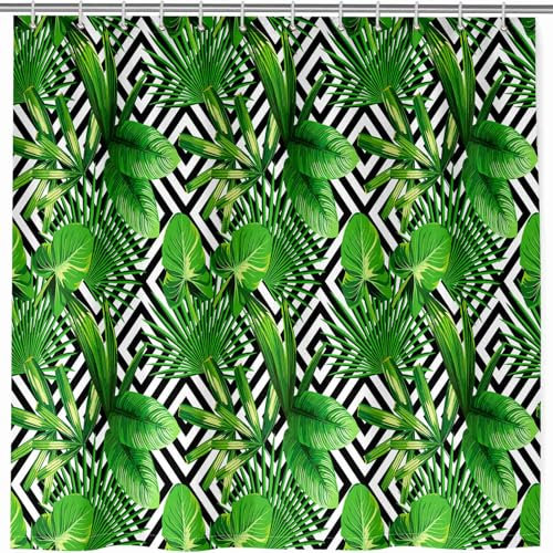 ANHOPE Tropisch Grün Palmblatt Gitter Duschvorhang Wasserdicht Anti-schimmel Polyester Stoff Duschvorhänge 180 x 200cm Shower Curtains Waschbar Bad Vorhäng für Badzimmer mit 12 Haken