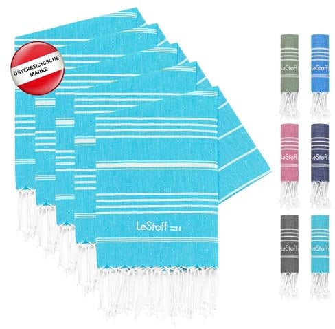 LeStoff 5er-Set Hamamtuch 50 x 100 cm – 100% Bio-Baumwolle, Vorgewaschen, Nachhaltig, Leicht, Kompakt, Saugstark & Schnelltrocknend - Handtuchset für Bad, Gäste, Gesicht, Sport, Reise, Camping (Aqua)