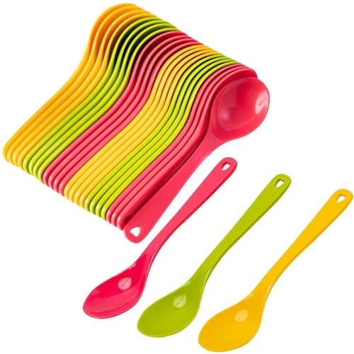 24 Pièces Cuillere Petite Cuillère à Dessert Cuillères à Café Cuillere en Plastique Reutilisable Cuillères en Plastique Colorées pour Thé,Café,Glace,Desserts,Yaourt