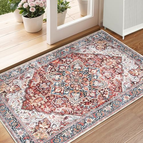 XSIVOD Non Slip Small Rug, Washable Door Mat Entry Rug, 60x90cm, Orange/Red | Low Pile Vintage Rug, Floral Farmhouse, Rubber Backing, Stain & Fade Resistant, for Entryway Kitchen Bathroom Indoor Entrance