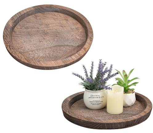 Mulaibdin 2 Pcs Decorative Tray, Round Wooden Trays for Display, Vintage Candle Plates & Trays, Coffee Table Tray Decorative Accessories, Home Decor Pallet for Farmhouse,Living Room,Kitchen (Brown)