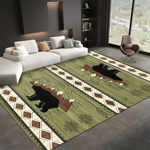 SMXVRC Schwarzbär Wohnzimmerteppich, 140x200cm, Westen LäNdlich Wald Flächenteppiche für Schlafzimmer, Mit Rutschfester Rückseite Kurzflor-Teppich, Waschbar Resorbierbar Teppich für Familie Innen
