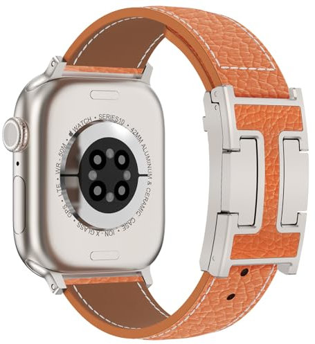 CHANCHY Lederarmband für Apple Watch armband 46mm 45mm 44mm 42mm(Series 3), Ersatzarmband aus echtem Leder für iWatch SE/Series 10 9 8 7 6 5 4 3 2 1,Orange+Polarstern Schnalle