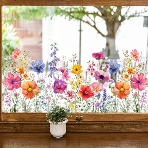 Fensteraufkleber Blumen, Bunte Blumen Fensterbilder, Doppelseitige Selbstklebend Fenster Aufkleber Deko, Blumig Fensterdeko Frühling Sommer für Home Wohnzimmer Glas, Vitrinen, Fliesen, Spiegel