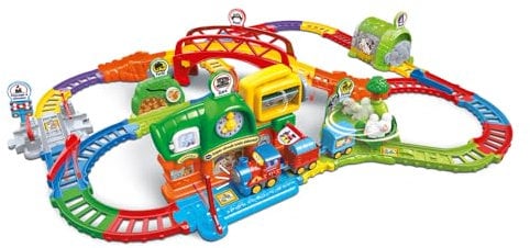 VTech - Tut Tut Bolides Super Circuit Train Éducatif - Circuit Voiture Enfant Électronique avec Adam Train Marchand, 6 Zones Magiques - Cadeau Garçon et Fille de 1 an à 5 Ans - Contenu en Français
