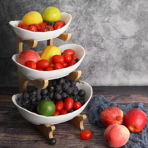 HUOLE Corbeille a Fruits Céramique avec support en bois résistant, Plateaux de Service pour Gâteaux Fruits Dessert, Bambou Support à Panier de Fruits, Décoration Coupe de Fruit-14*22,5*32cm--Blanc