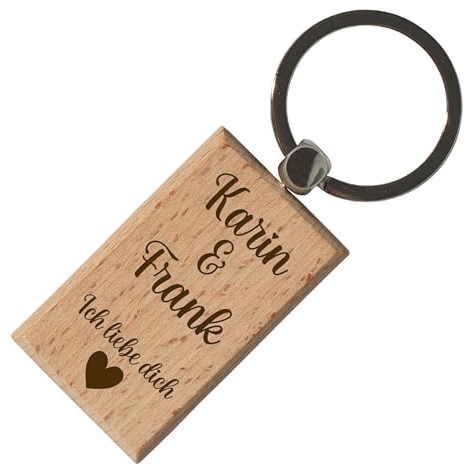 Personalisierter Holz-Schlüsselanhänger „Wunschtext“ – Gravur mit Namen, Botschaft oder Datum – Liebesgeschenk für Paare zum Jahrestag Hochzeitstag Jubiläumsgeschenk, Valentinstag - ca. 3,3 x 5,4 cm