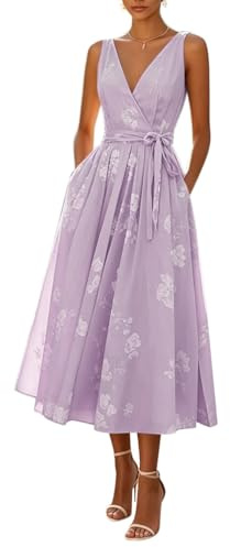 Minetom Robe de Soirée Femme Élégante Col V sans Manches Dentelle A Line Midi Cocktail Cérémonie Mariage Robes