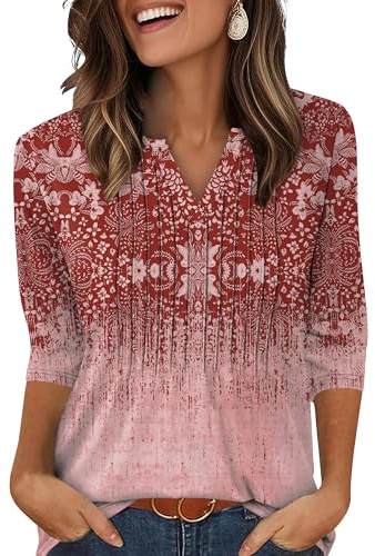 XIEERDUO Ladies Tops 3/4 Sleeve T Shirts for Women V Neck Womens Blouses Pleated Long Sleeve Tunic Red Size 14-16