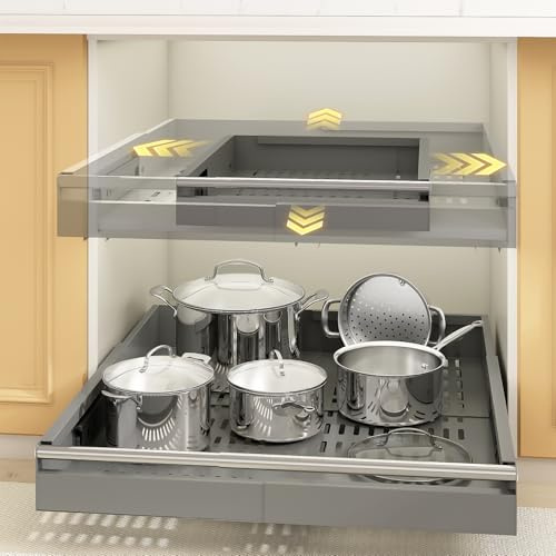 Mointal 2 Stück 4 Richtungen-Ausziehschublade, Teleskopschublade für die Küche mit Griff, Einstellbare Breite 33-53 cm & Tiefe 41-61 cm, Metall-Schubladenorganizer, Schrauben-/Klebe-Befestigung, Grau | Einstellbare Breite 33-53 cm & Tiefe 41-61 cm, Metall-Schubladenorganizer, Schrauben-/Klebe-Befestigung, Grau