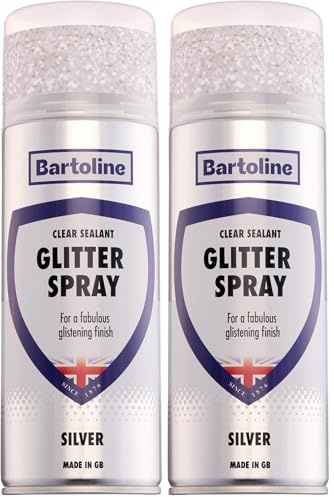 Bartoline Glitter Spray Clear Sealant Silver 400ml Fine Silver Glitter in Clear Lacquer Gloss Finish Multi-Surface Decorative Finish – For Wood, Metal, Plastic, Fabric & More Interior/Exterior Use