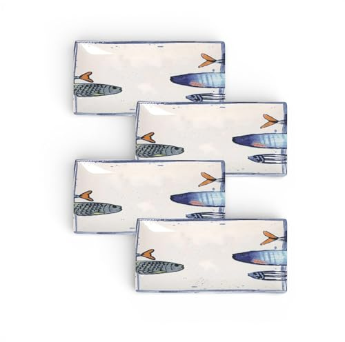 Teller im mediterranen Design mit Sardinen-Motiv 2.0 | Maritime Speiseteller, Suppenteller, Dessertteller, Servierplatten, Bowls - robust, Steinzeug, glattes Finish (4er Set Servierplatte (30x 15cm))