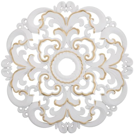 CLISPEED Médaillon de Plafond en Faux Plâtre Blanc Ivoire, Décor Floral Sculpté Style Européen, Plaque de Recouvrement Ronde pour Lustre et Ventilateur, Décoration Plafond Élégante