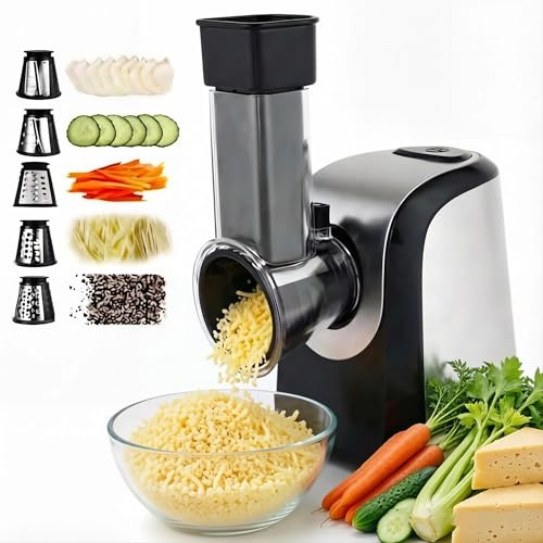 Elektrische 5-in-1 Gemüsehobel 150W, Gemüseschneider mit 5 Edelstahl-Trommeln für Käse, Obst & Gemüse, Multireibe BPA-frei & Spülmaschinenfest,Silbergrau
