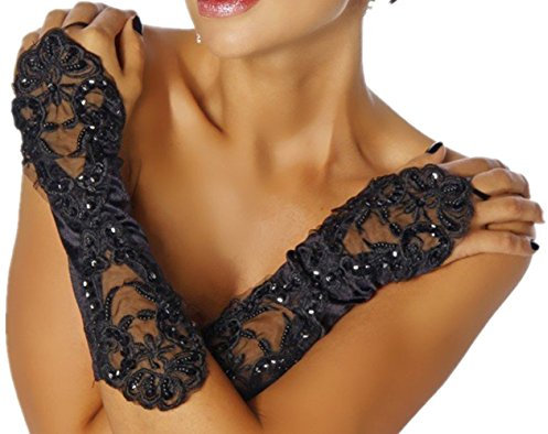 ERGEOB Edle Damen Handschuhe aus Spitze mit kleinen Perlen - Stulpen Schwarz in Einheitsgröße für Hochzeit, Oper, Ball, Fasching, Karneval, Tanzen, Halloween …