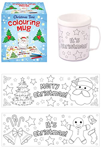 HENBRANDT Single Christmas Colouring Mug for Kids Children’s Stocking Fillers Christmas Eve Box Xmas Party Favours Colour Your Own Arts and Crafts for Boys and Girls