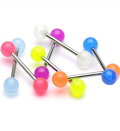 LOT 6 PIERCING LANGUE FLUO PHOSPHORESCENT BARRE ACIER BRILLANT DANS LE NOIR