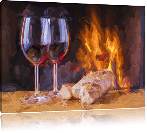 Pixxprint Wein und Baguette am Kamin, Größe: 120x80cm, Leinwandbild, fertig gespannt, Wandbild, Dekoration, Kunstdruck, kein Poster
