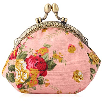 Oyachic Porte-Monnaie Femme en Toile Kiss Lock Coin Purse Portefeuille CLIC CLAC Retro Vintage Poche à Monnaie Motif de Fleur Rose (Rose)