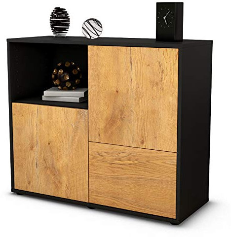 Stil.Zeit Sideboard Carina, Korpus anthrazit matt, Front Holz-Design Eiche (92x79x35cm) Push-to-Open Technik