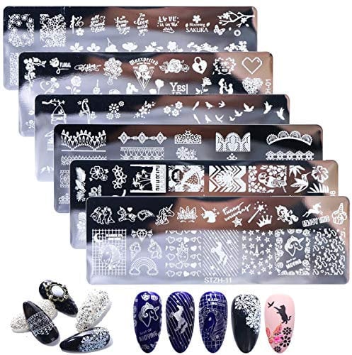 Mwoot 6Pcs Pretty Nail Art Stamping Plate Set Unicorn Cat Bird love Leaves Lace Theme Manicure Print Tool