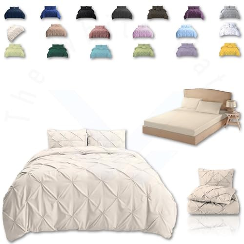 TheWhiteWater Duvet Set - 2/3 in 1 Bedding Set - Duvet Cover + Matching Pillowcases + Fitted Bed Sheets - NPolycotton Pintuck Cover (Cream, 3 in 1 Bedding Set - King)