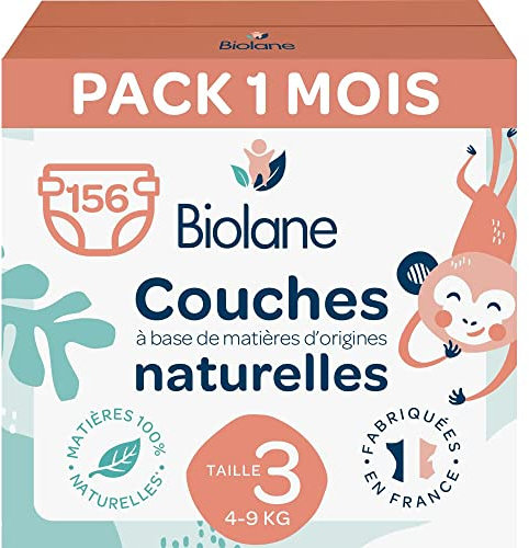 Biolane - Ökologisch verantwortliche Windeln Größe 3 (4 - 9 kg) - Kein Auslaufen für 12 Stunden - 1 Monatspackung (3er-Pack mit je 52 Stück) 156 Windeln