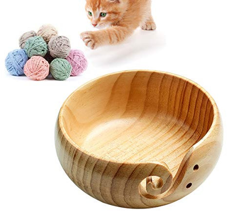 RoseFlower Garn Aufbewahrungsschüssel aus Holz, 5.3 inch Handgefertigte Holz-Webfadenschüssel mit Fadenschlitz und gebohrten Löchern -für Strick- und Häkelarbeiten#3