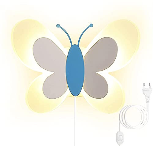 HMAKGG Moderne Wandleuchte mit Stecker Kinder Trikolore Dimmbar Kinderzimmer Wandlampe LED 16W Schmetterling Design Acryl Wandbeleuchtung für Schlafzimmer Wohnzimmer Korridor,Blau