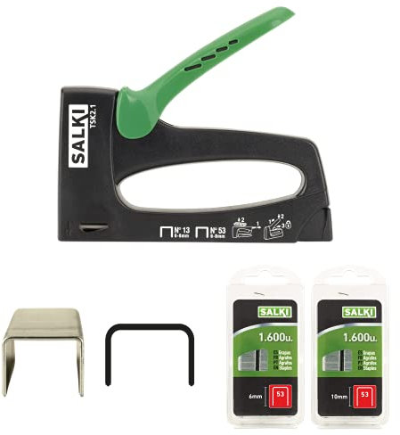 SALKI Pack Grapadora Manual - Herramienta para Grapar TSK2.1. con Dispositivo de Cierre 2 Blíster de 1600 Grapas n 53 de 6 y 10mm de Pata