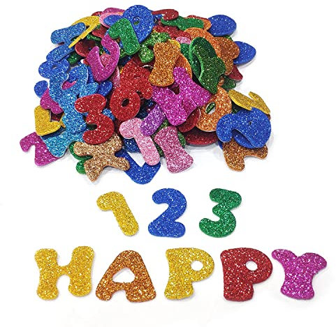 170 Stück Moosgummi Nummer Alphabet Glitter, selbstklebend, Glitter Schaumstoff Sticker, Moosgummi-Aufkleber, zum Dekorieren für Schultüte DIY Handwerk, gemischte Farben