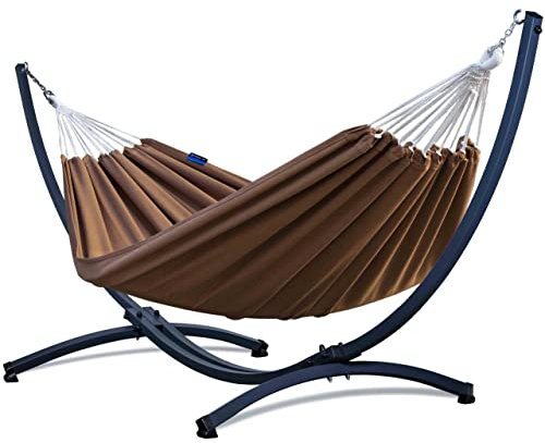 Potenza Outdoor Hängematte mit Gestell für 2 Personen I Baumwolle Doppelhängematte XXL 220x160, 200kg I Hängemattengestell 220kg, wetterfest (Toffee, Basic Gestell Graphit)