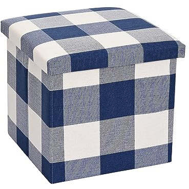 CMY Pouffe Footstool Folding Ottoman Storage Box Faux Leather Foot Rest Stool Toy Chest Shoe Bench Dressing Table Chair with Lids for Living Room (Blue Check)