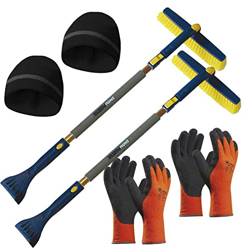Sonneck Snowmaster Eiskratzer S1400-2in1 Schneebesen Auto - 2x Eiskratzer mit Besen 1000-1400mm ausziehbar + 2x Winterhaube + 2x Winter Arbeitshandschuhe Gr.8/10