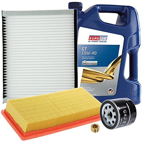 BESTPRICE Inspektionspaket Filterset mit 1x Ölfilter; 1x Luftfilter; 1x Innenraumfilter; 1x Ölablassschraube; 1x Motoröl 10W-40 EUROLUB GT SAE 5 l, KOMPATIBEL MIT - FIAT PANDA (169_)