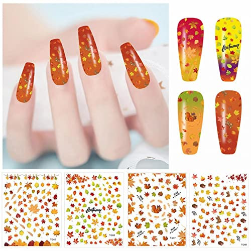 4 Sheets Autumn Nail Stickers Cute Maple Leaf Squirrel Nail Art Decals with Adhesive Back Fall Leaves Pattern DIY Nails Supplies Autumn Decoration