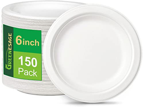 GREENESAGE Platos desechables, 150 unidades, platos de papel de 15 cm, color blanco, redondos, desechables, pequeños platos para fiestas, caña de azúcar, desechables, platos de papel orgánicos