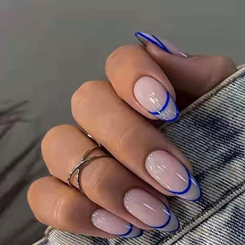 24Pcs Almond Press on Nails, Short Glossy False Nail Blue Line Oval Geometric French Nails Tips, Cute Ballerina Acrylic Full Cover Fake Nail Stick on Nail for Women