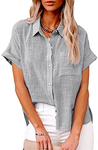 Leinenbluse Damen Hemd mit Brusttasche - Knopfleiste Bluse Damen T-Shirt Baumwolle Leinen Sommer Oberteile Revers Leinenhemd Kurzarmshirt Blusenshirt Tunika Arbeits Tops T-Shirts & Blusen für Frauen