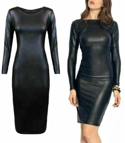 R&N FASHIONS Ladies Wet Look Long Sleeve Pu Women’s Bodycon Midi Faux Leather Mini Dress – Perfect for Any Occasion – Simple & Stylish Black Dress (M-L)