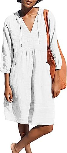 Lafural Womens V Neck Cotton Casual Loose Shift Tunic Smock Summer Dresses Vacation Dress 3/4 Sleeve Pocket, White, L