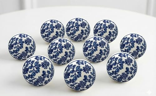 ARTISNO Keramikknöpfe für Schränke – Set mit 10 dekorativen weißen und blauen Blattdesign-Boho-Keramikknöpfen für Zuhause, Küche, Schrank, Schublade | Schrank- und Kommodengriffe