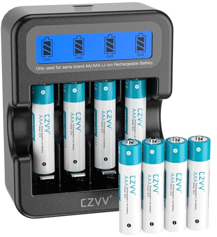 czvv Pile Ricaricabili AAA Litio 1.5V - Caricatore LCD con 8 Pezzi Batterie Lithium Alta Capacità 1100mWh - Ricarica Rapida 2H - Lunga Vita 10 Anni, 1300 Cicli per Giocattoli, Rasoi, Giochi Portatili
