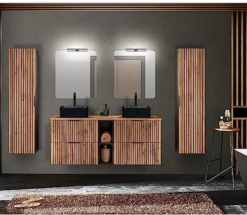 Lomadox Badmöbel Komplett Set Front Rillen schwarz Doppelwaschtisch mit Regal 141 cm Keramik Waschbecken 2 Hochschrank Spiegel Aufbauleuchte anthrazit Eiche Nb.