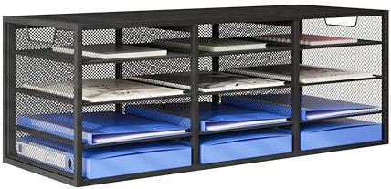 Senhoglb 12 Fächer Schreibtisch Ordner Organizer, Holz Briefablage Stapelbar, Metall Aktenablage, Multifunktionaler Briefablage, Dokumentenablage A4 Papier Aufbewahren, Schwarz